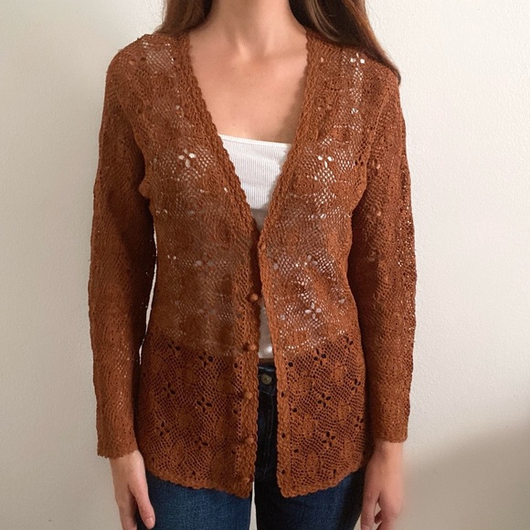 Vintage Sweaters - Vintage brown crochet macrame cardigan sweater knit outerwear indie medium